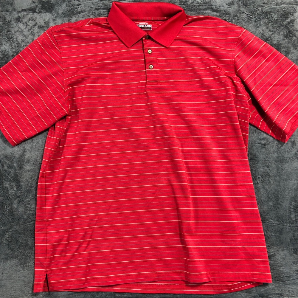 Kirkland Signature Performance Polo Mens XXL Red Striped NWOT Stretch Golf Shirt